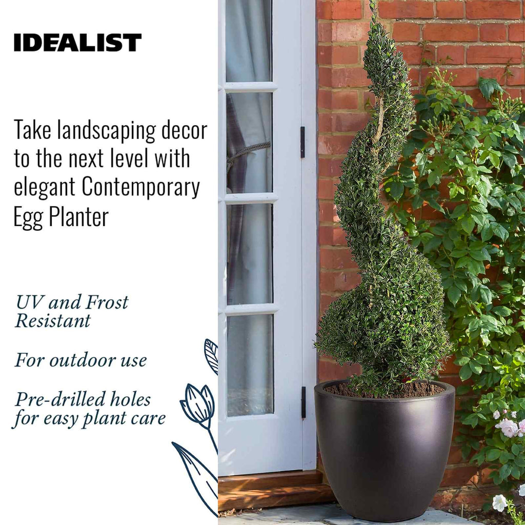 IDEALIST Lite 40cm Garden Planter | Washed Light Concrete Egg Round Planter | Contemporary Outdoor Plant Pot D40 H40 cm, 50L