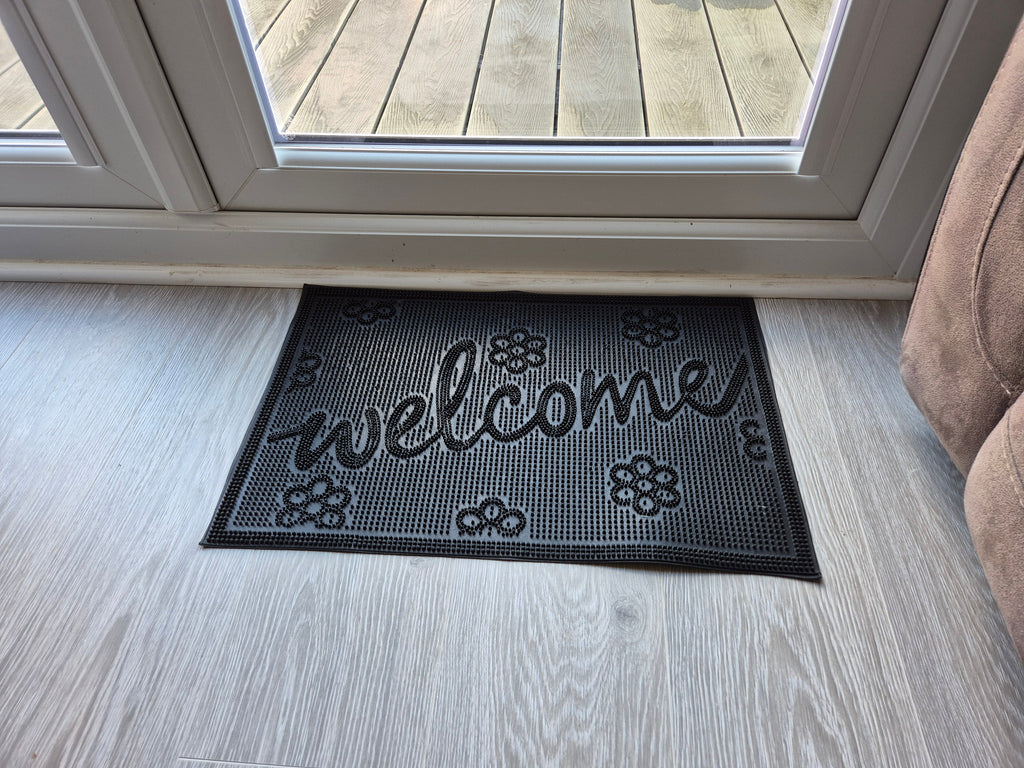 Rubber Doormat 60cm x 40cm - 'Welcome' (Small Flowers) - Absorbent Coir Mat for Indoor/Outdoor