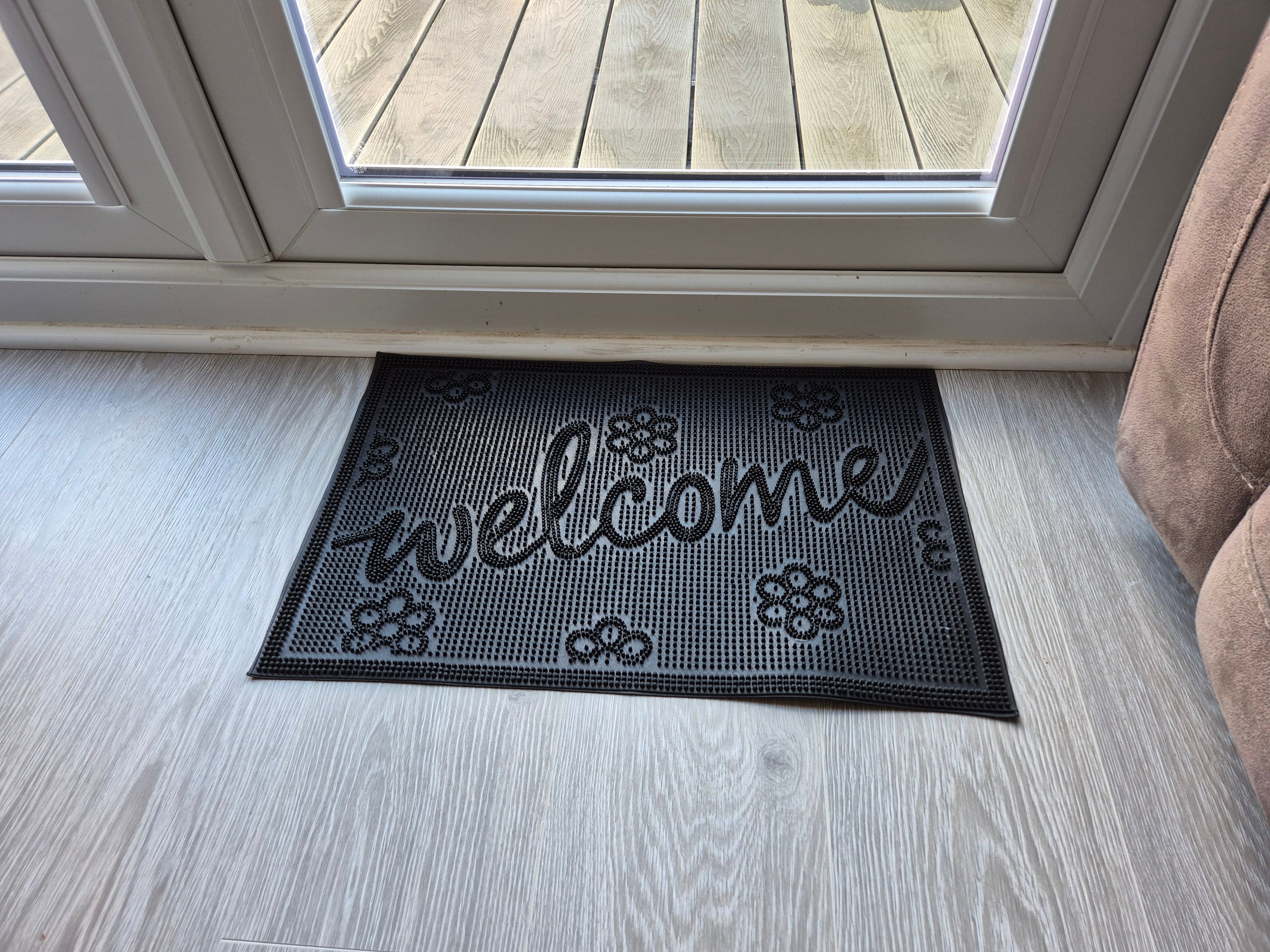 Rubber Doormat 60cm x 40cm - 'Welcome' (Small Flowers) - Absorbent Coir Mat for Indoor/Outdoor
