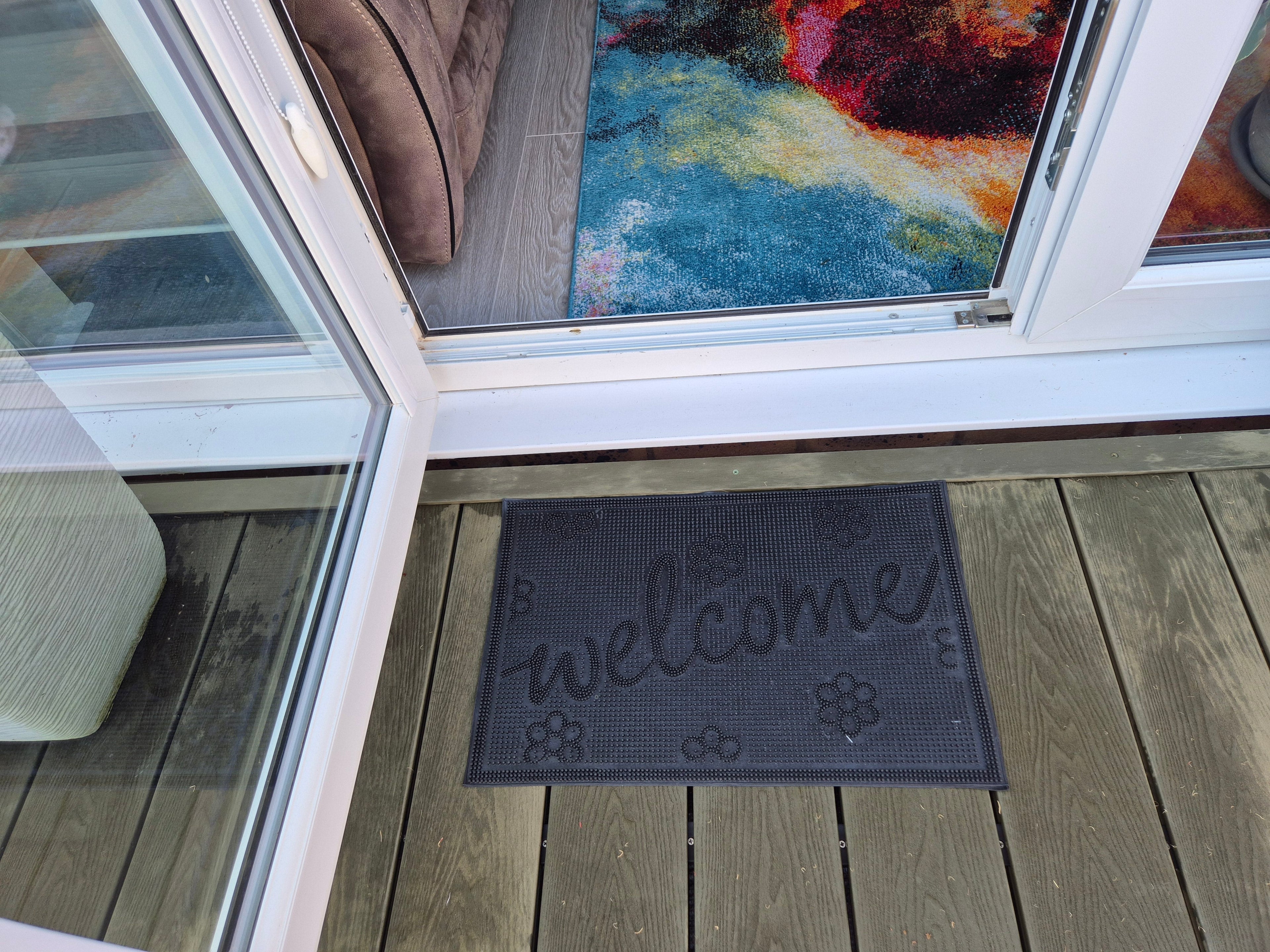 Rubber Doormat 60cm x 40cm - 'Welcome' (Small Flowers) - Absorbent Coir Mat for Indoor/Outdoor