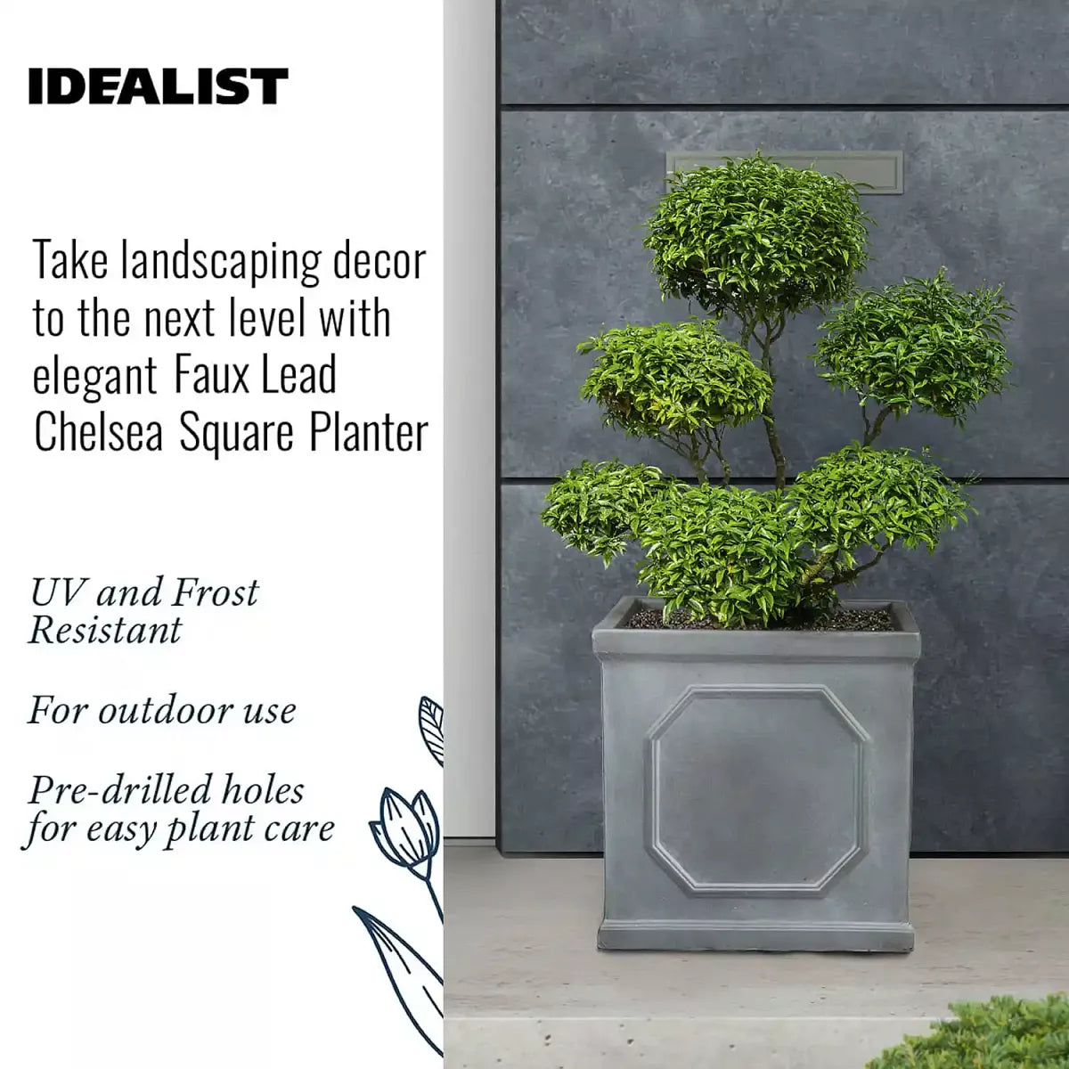 IDEALIST Lite Chelsea Flower Box Square Garden Planter, Faux Lead Light Stone Outdoor Plant Pot W37 H38 L37 cm, 52L