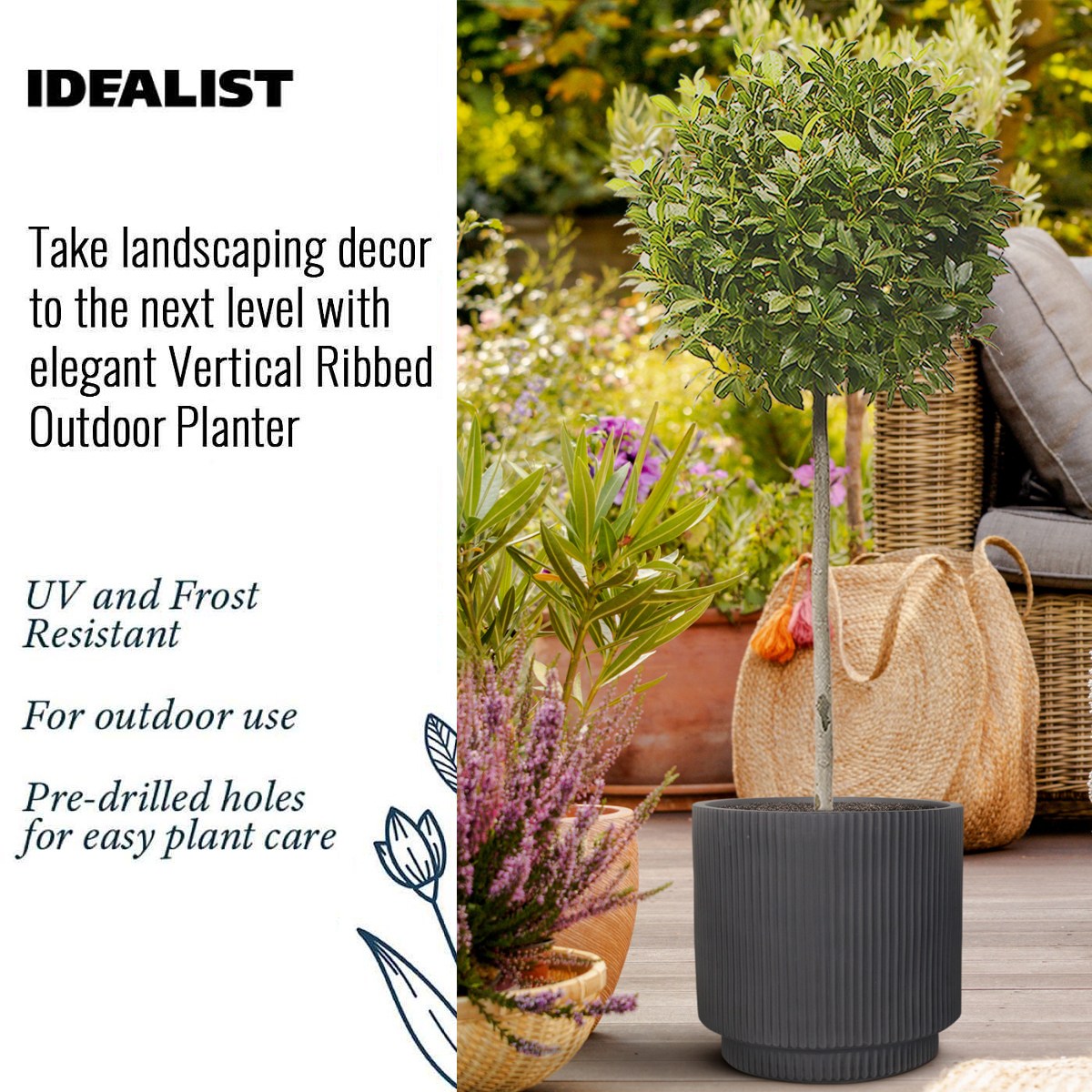 IDEALIST Lite Vertical Ribbed Black Cylinder Outdoor Planter