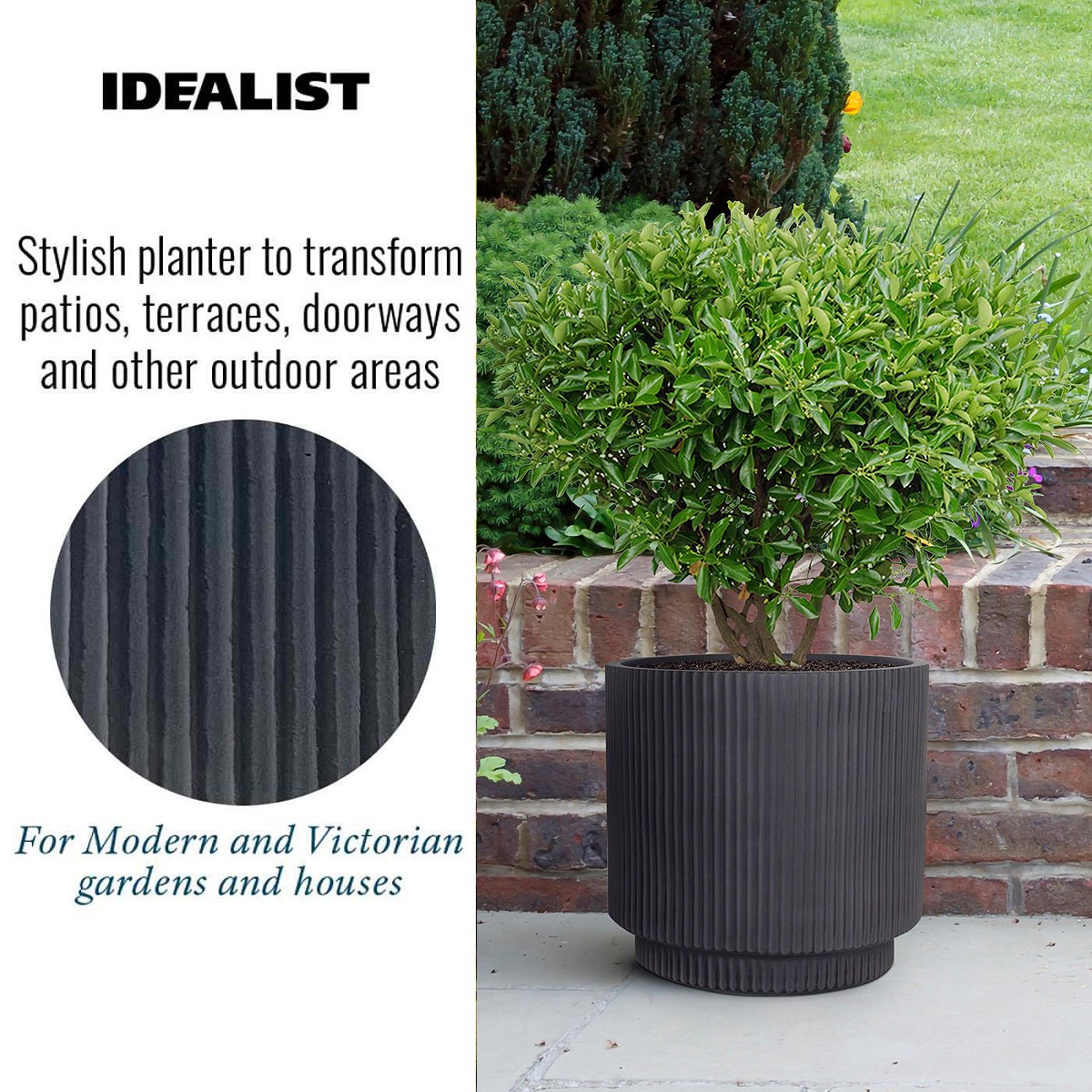 IDEALIST Lite Vertical Ribbed Black Cylinder Outdoor Planter