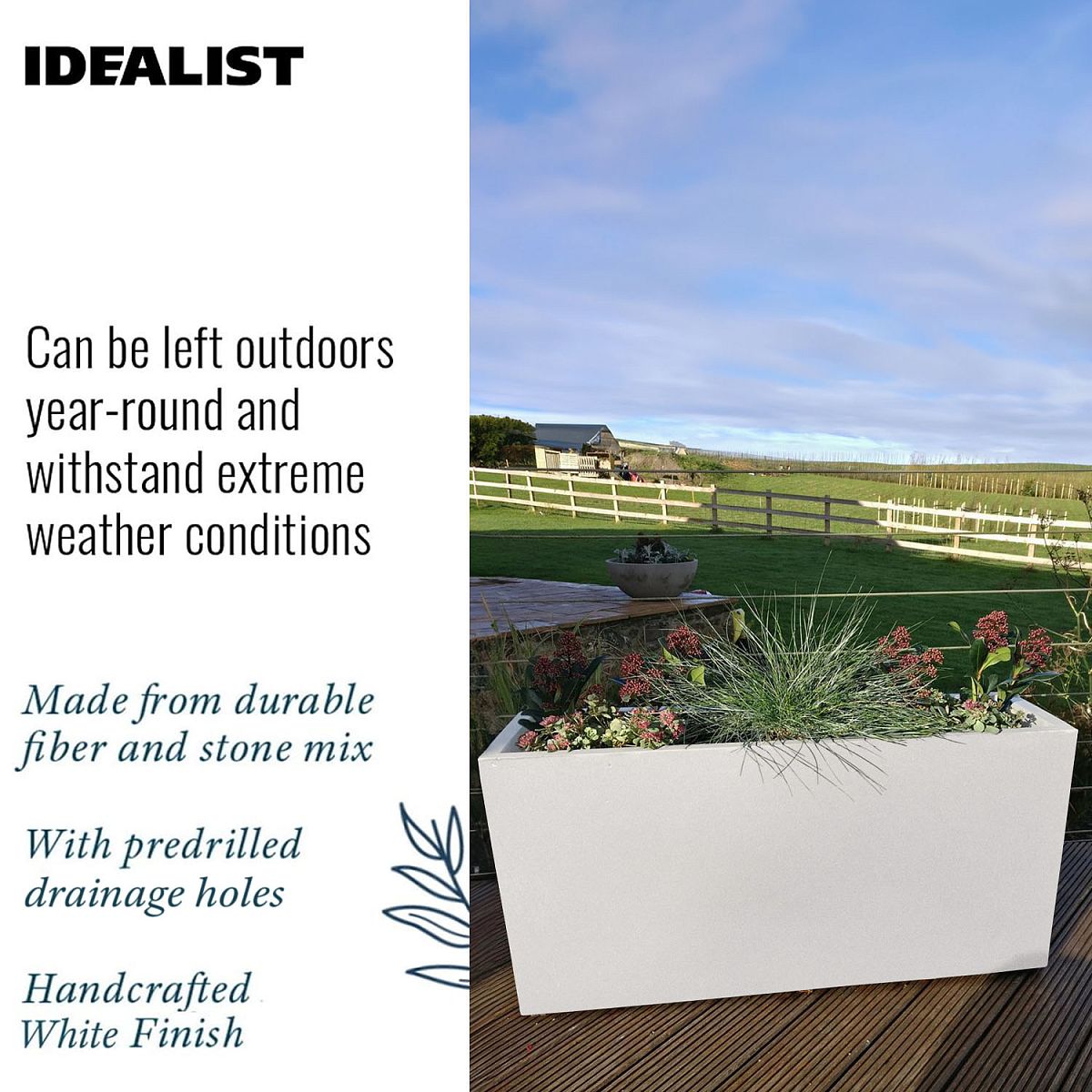 IDEALIST Lite Contemporary Trough Garden Planter, Light Concrete Outdoor Large Plant Pot H51.5 L100 W36 cm, 185L